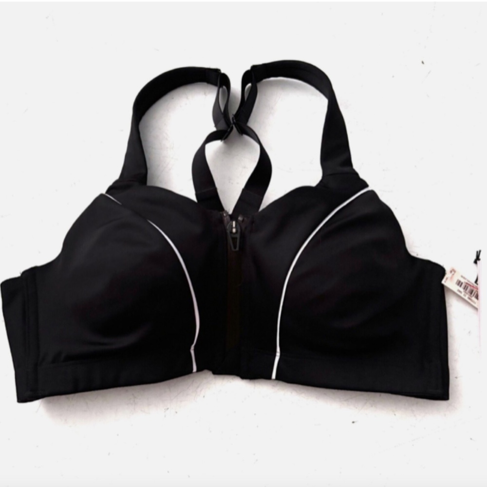 Black Knockout Front-Zip Sports Bra with Contrast Piping